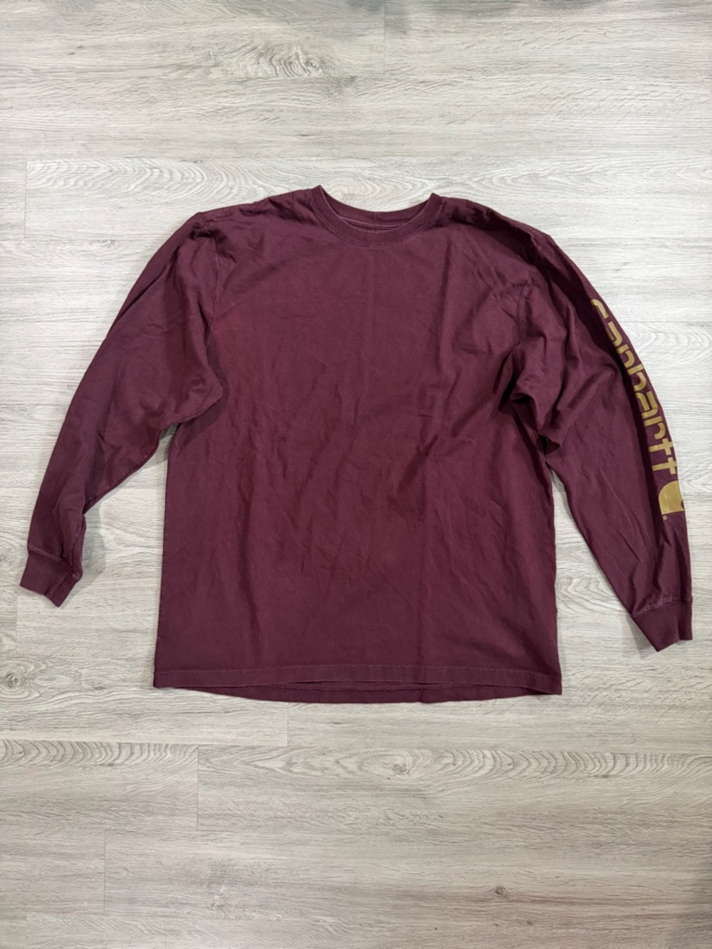 Carhartt Men's Long Sleeve Tee in Burgundy with Gold Sleeve Logo